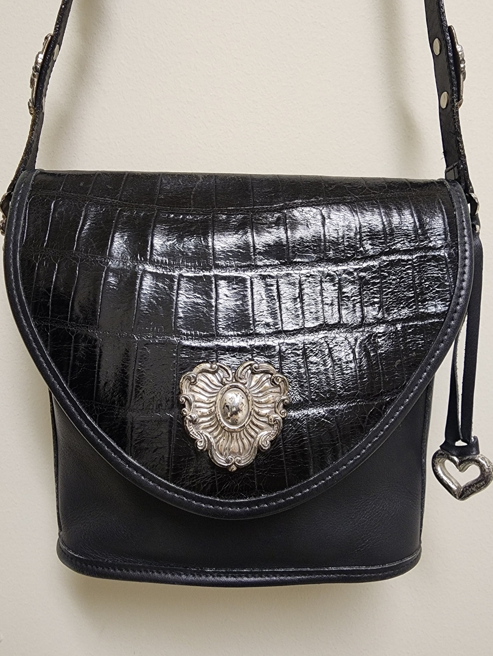 Brighton Black Croc-Embossed Heart Medallion Shoulder Bag